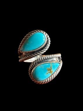 Sterling Silver Double Turquoise Bypass Wrap Ring Native Hallmarked Size 7
